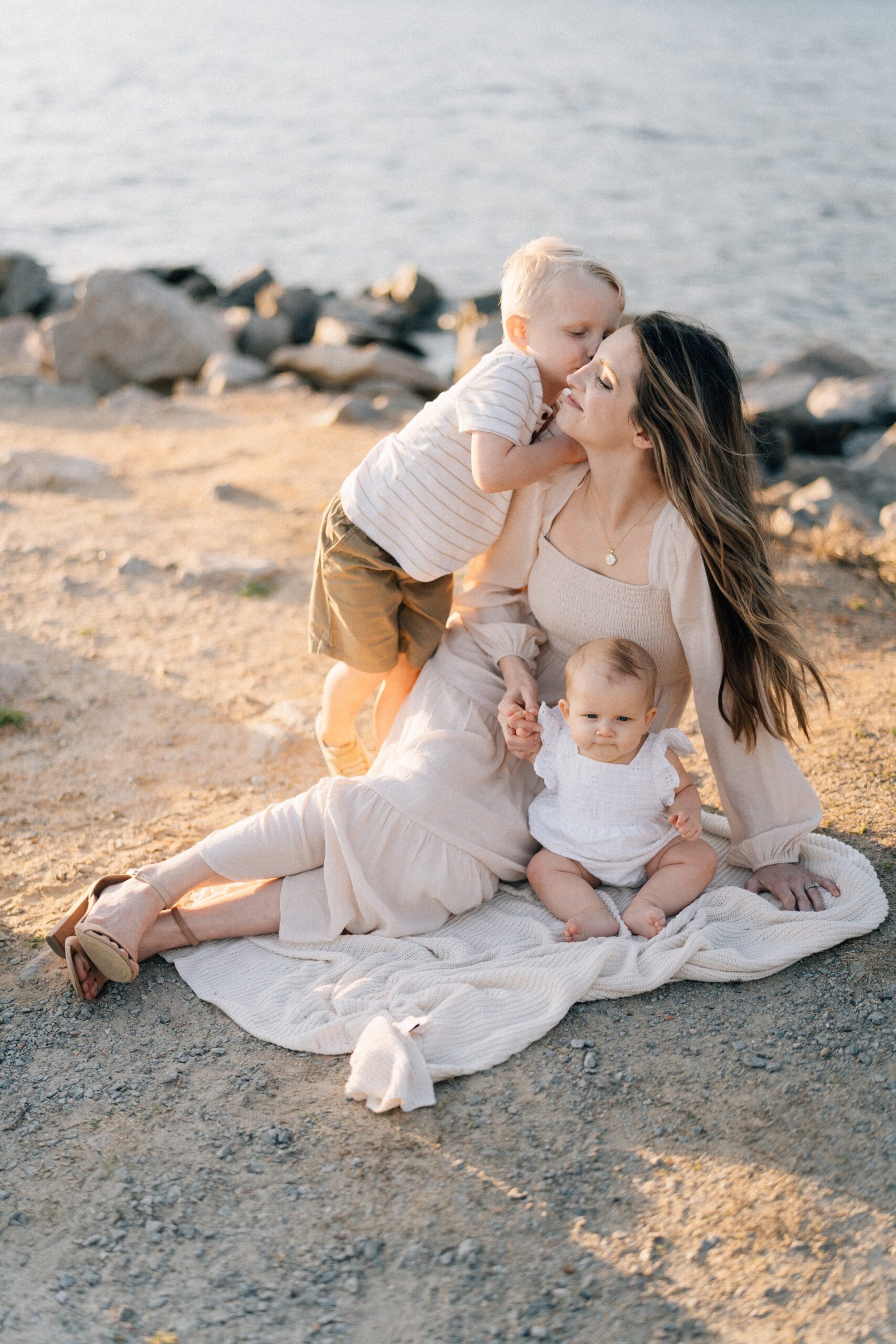 mom with her kids on lake murray in south carolina